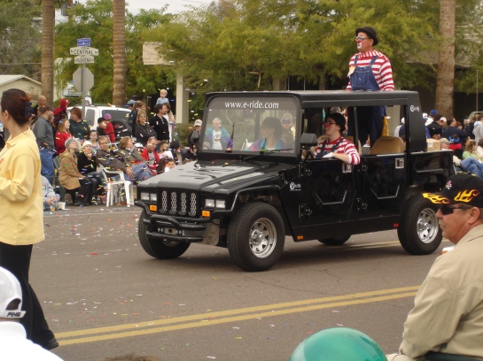 E-Ride 4 passenger Electric Vehicle with Clown at Parade